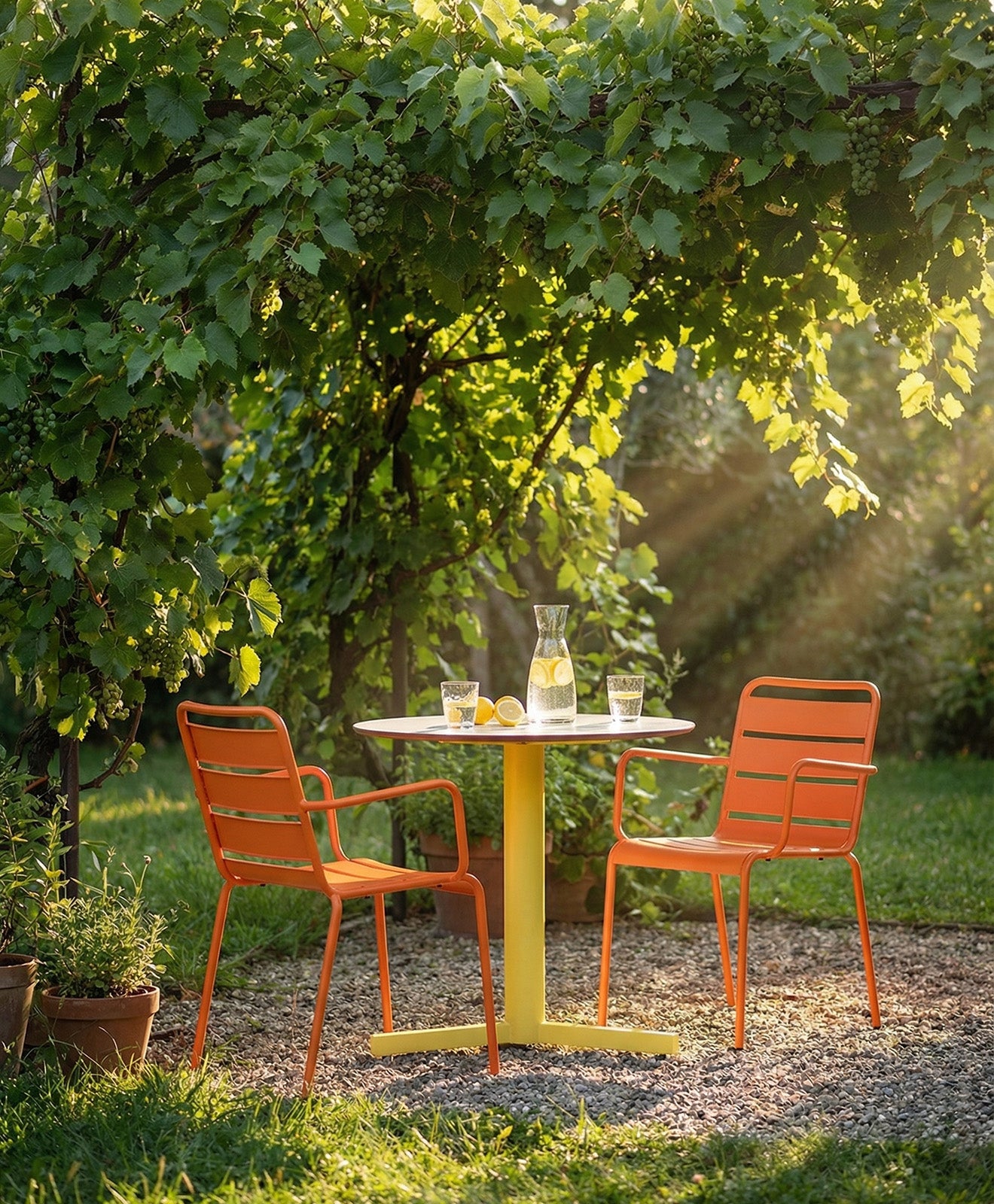 Gartentisch in rund mit Stahlgestell in orange