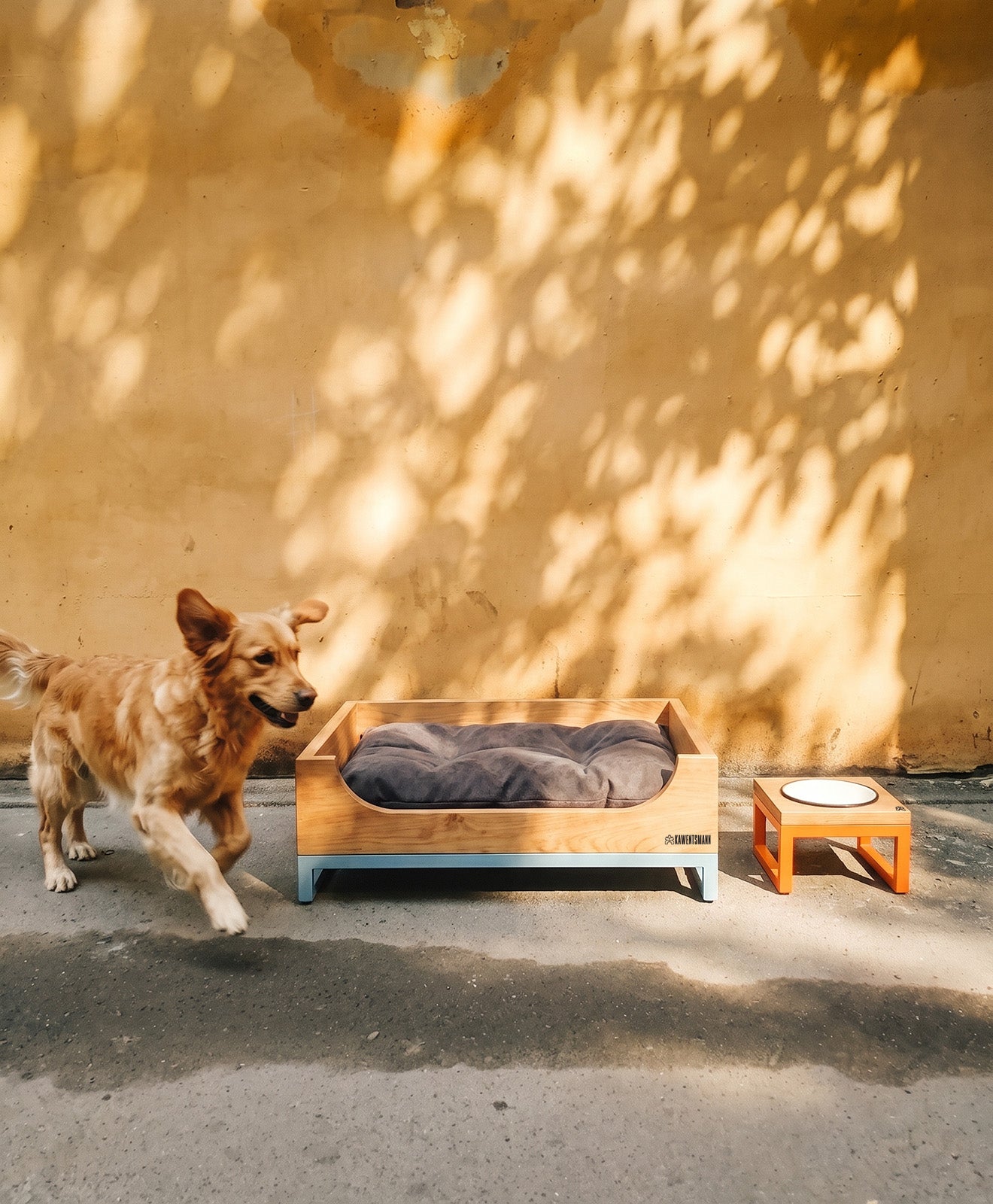 Hundebett & Hundenapf aus Holz (Eiche) & Stahlgestell FIRCHE & GATSCHI