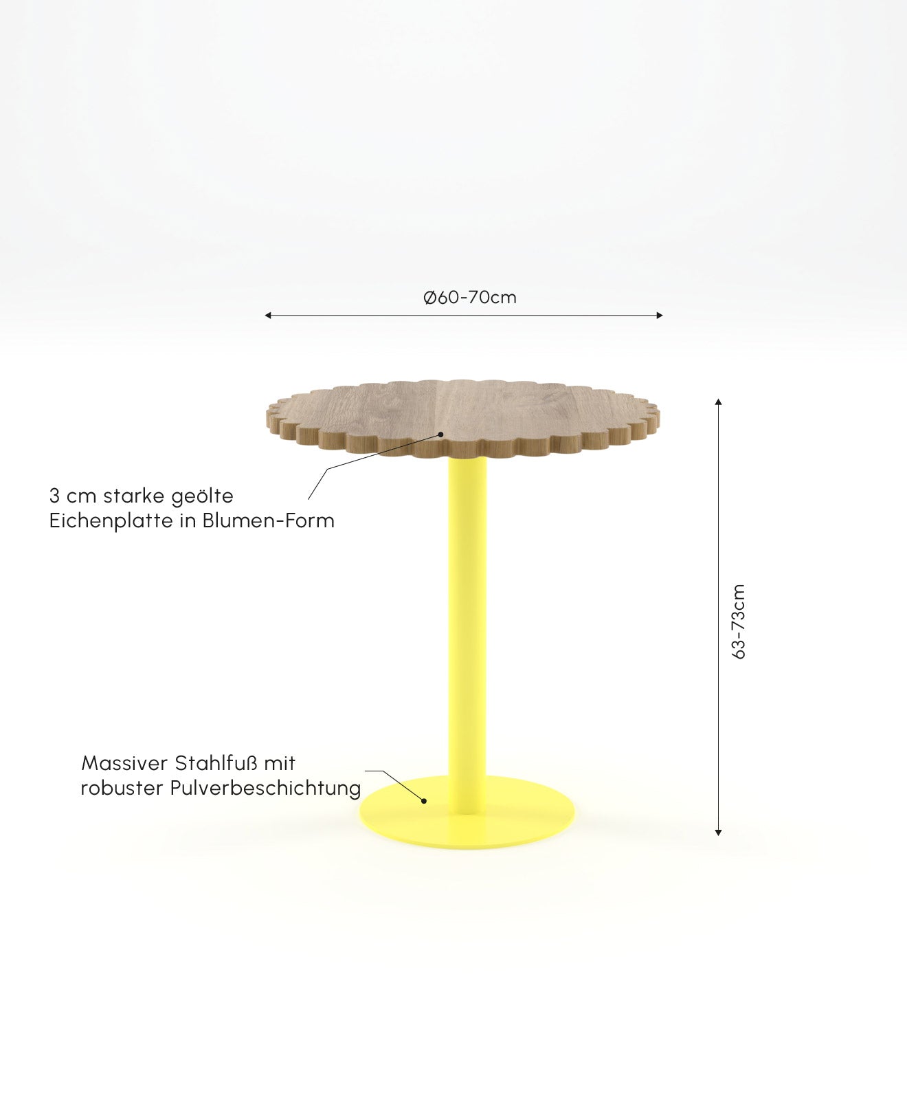 Infobild mit Maßen und Details zu unserem Bistrotisch Blume