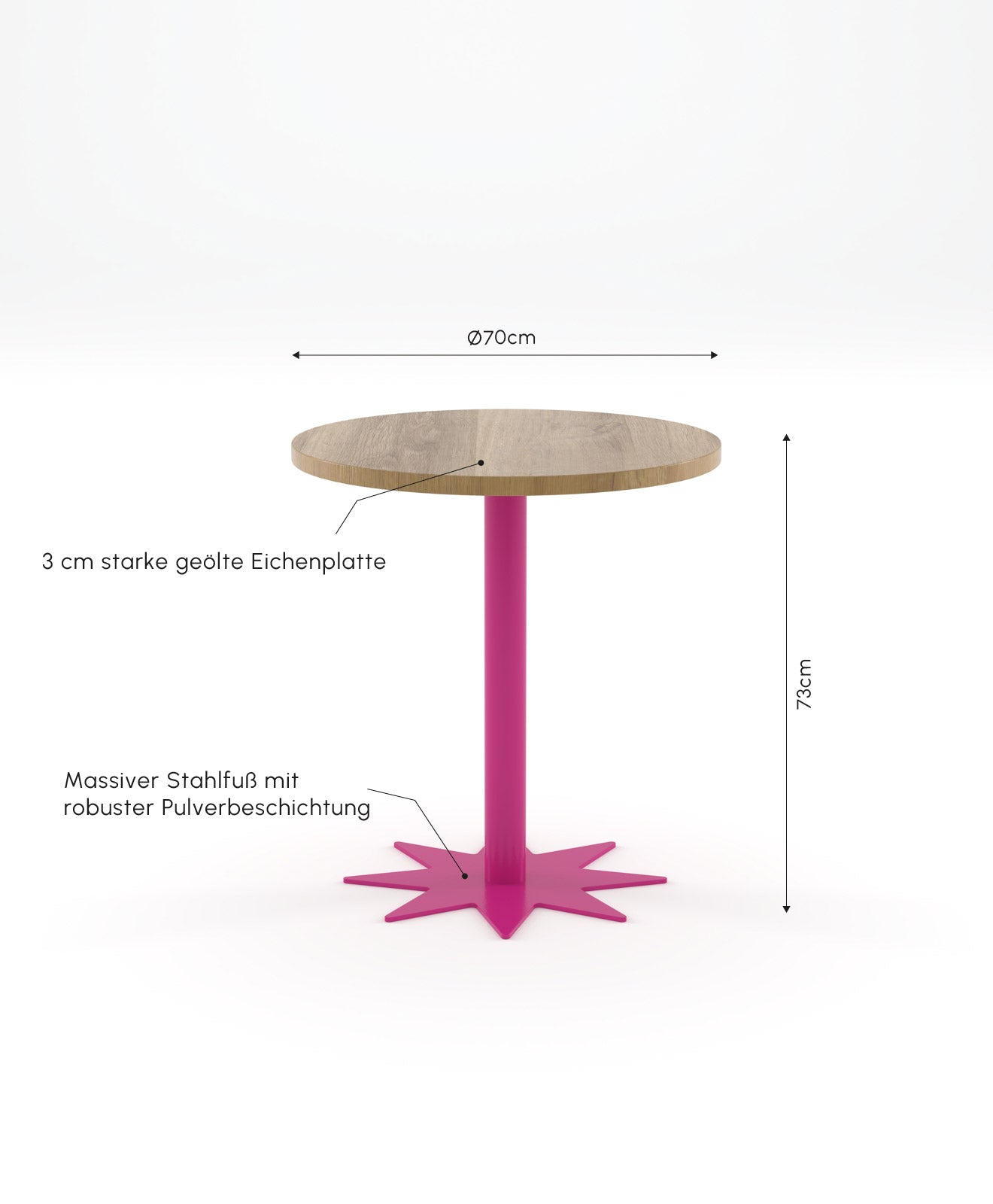 Infobild mit Maßen und Details zu unserem Bistrotisch Stern