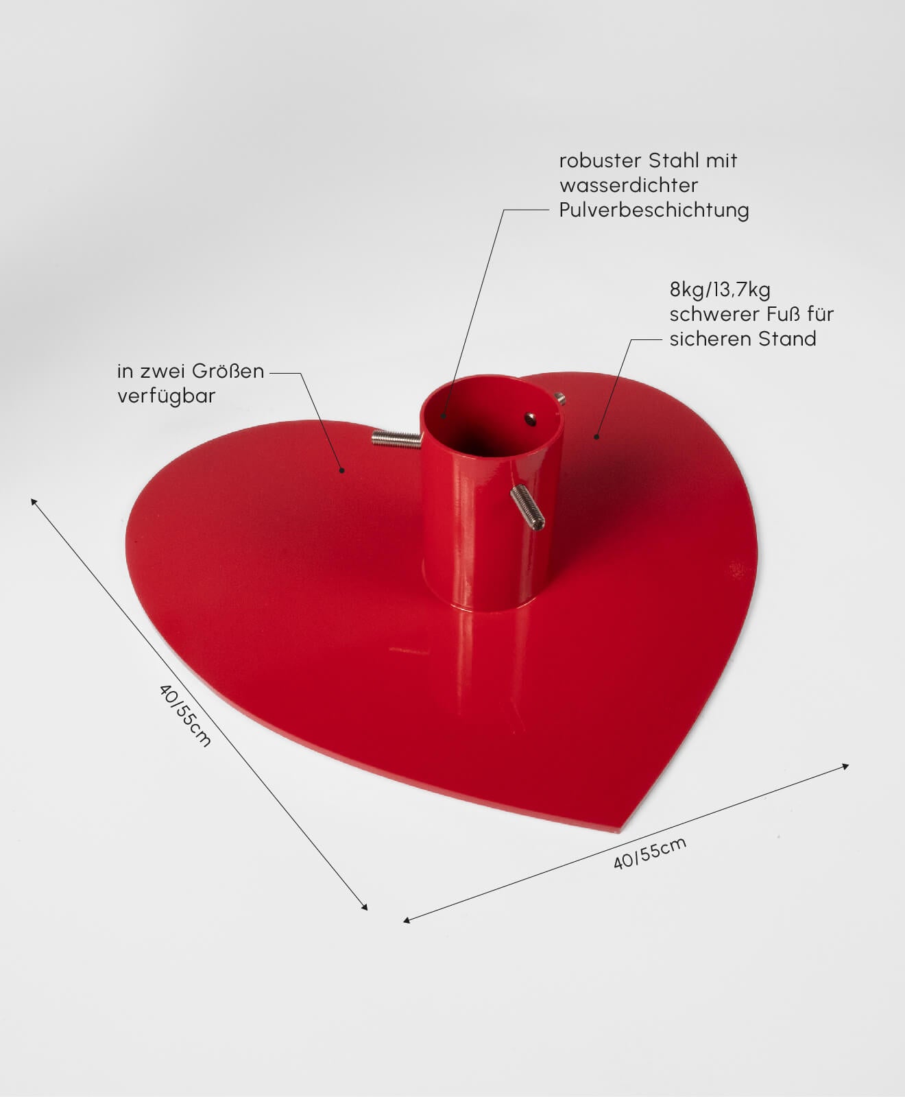 Weihnachtsbaumständer aus pulverbeschichtetem Stahl in Herz-Form Details und Maße