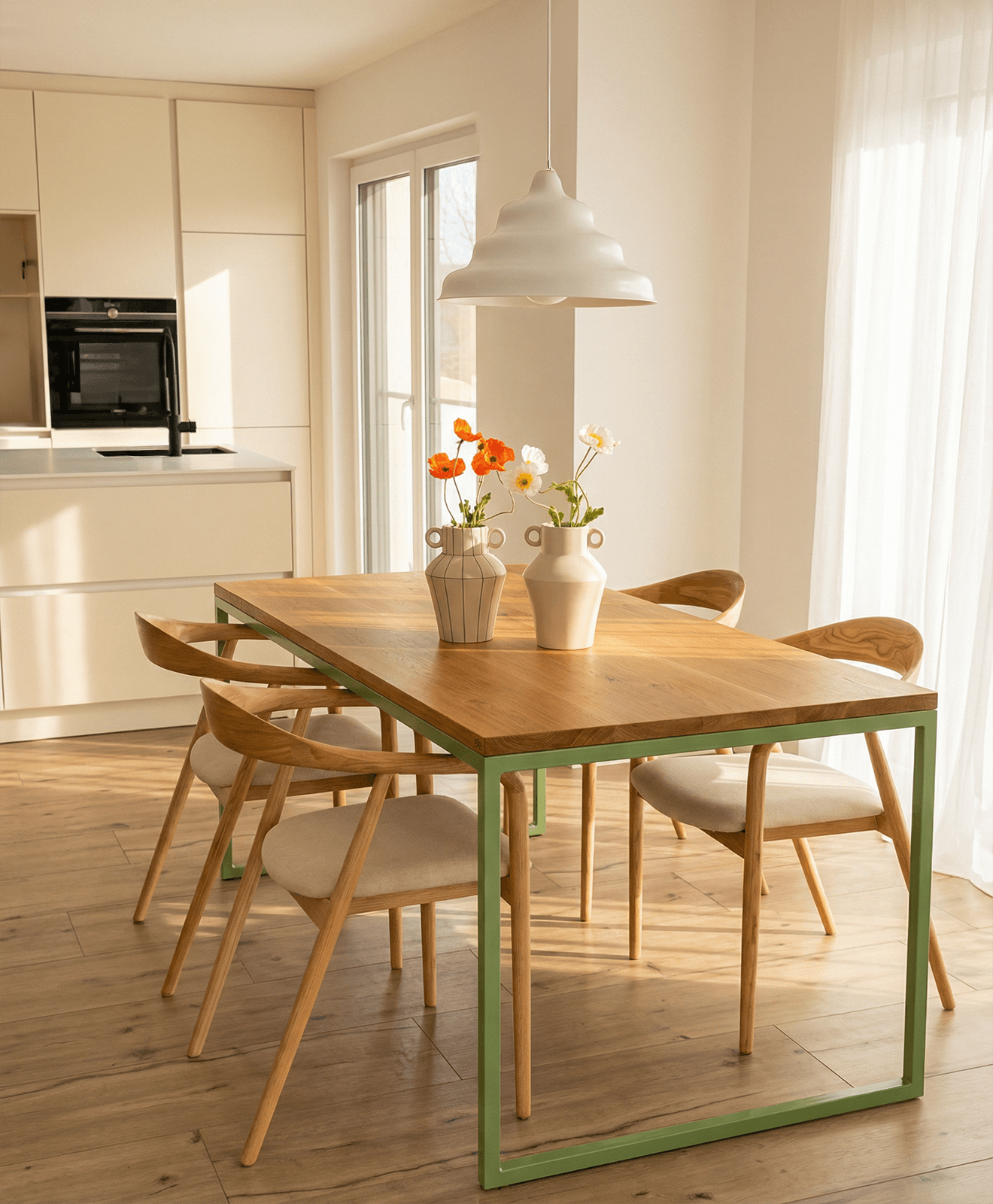 Esstisch Massivholz & Stahlgestell TALON ohne Mittelstrebe - Moodbild im Esszimmer