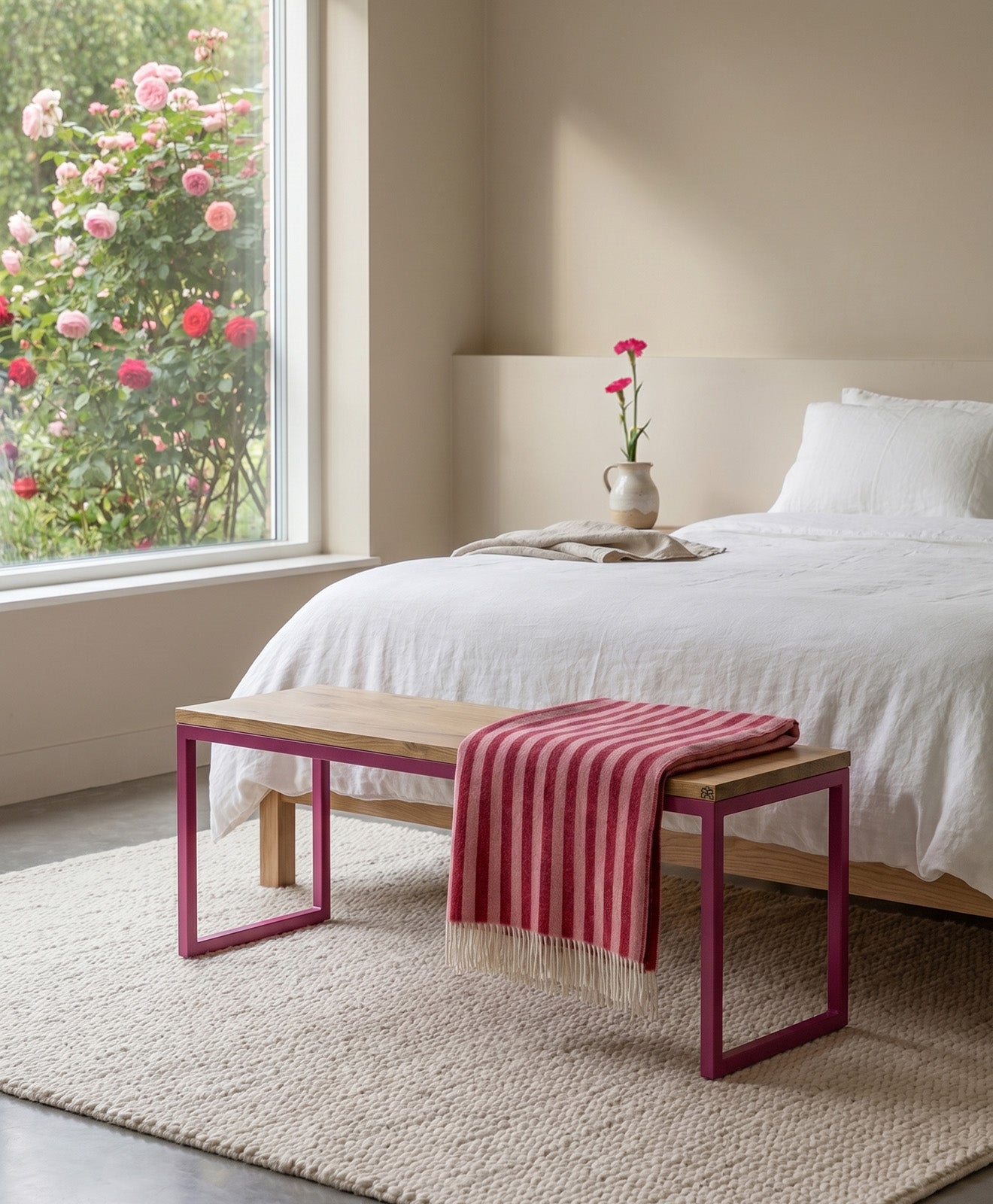 Sitzbank aus Holz & Stahl TALON ohne Mittelstrebe im Schlafzimmer