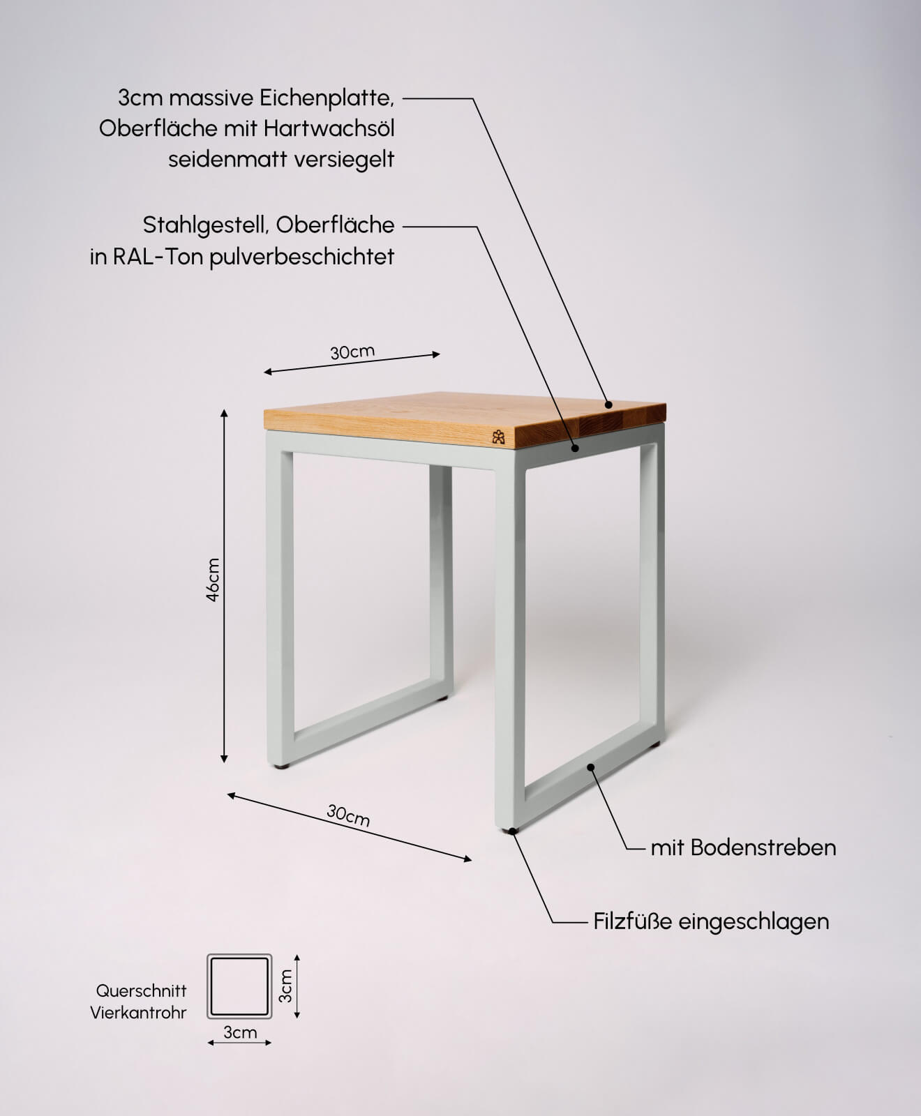 Hocker aus Holz (Eiche) mit Stahlgestell von Kawentsmann - Produktbild Details & Maße