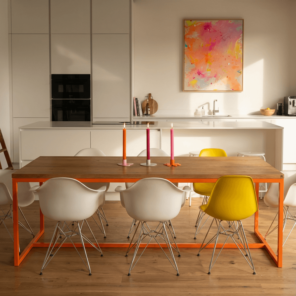 Tisch TALON mit Mittelstrebe in einer Küche zur Darstellung unseres Esstisch-Sortiments