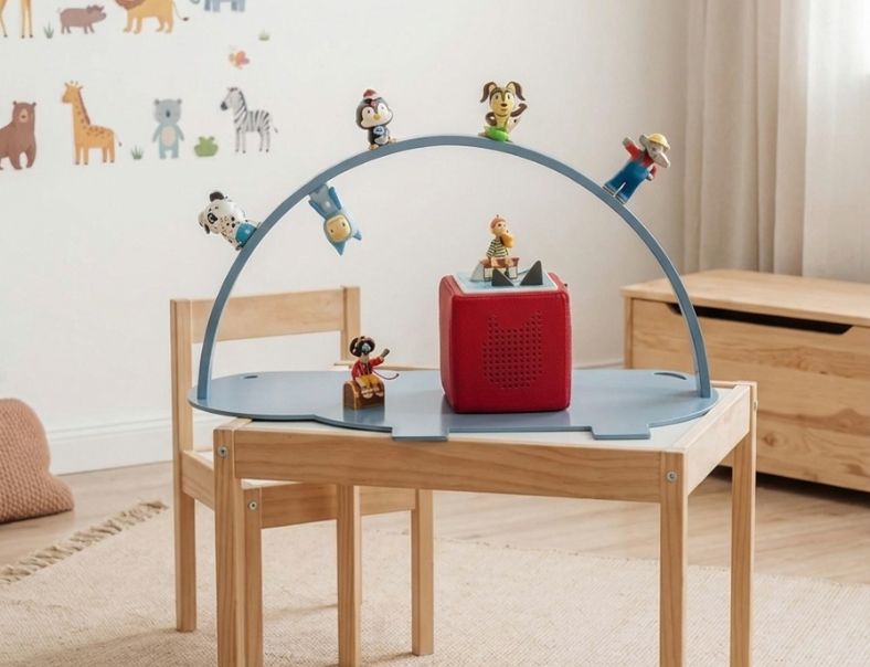 Regal für die Toniebox Nilpferd in Blau auf einem Tisch im Kinderzimmer