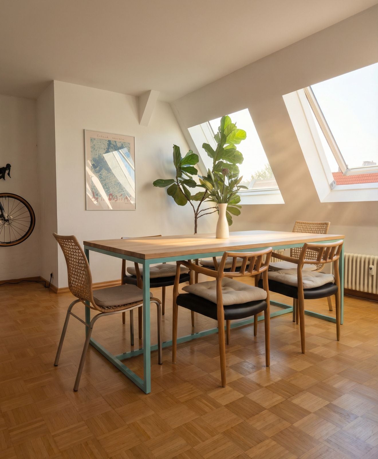 Esstisch Massivholz & Stahlgestell TALON mit Mittelstrebe - Moodbild im Esszimmer