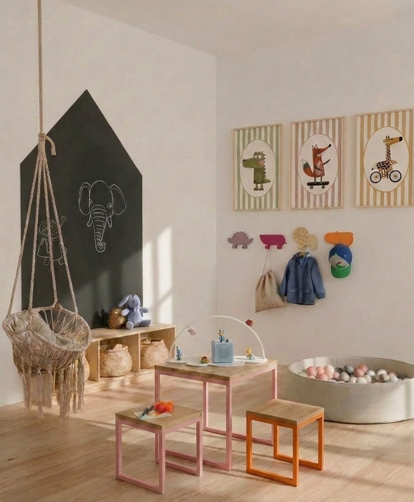 Kinder-Wandhaken, Sitzgruppe TRALLAFITTi und Regal für Toniebox Wolke von KAWENTSMANN im Kinderzimmer