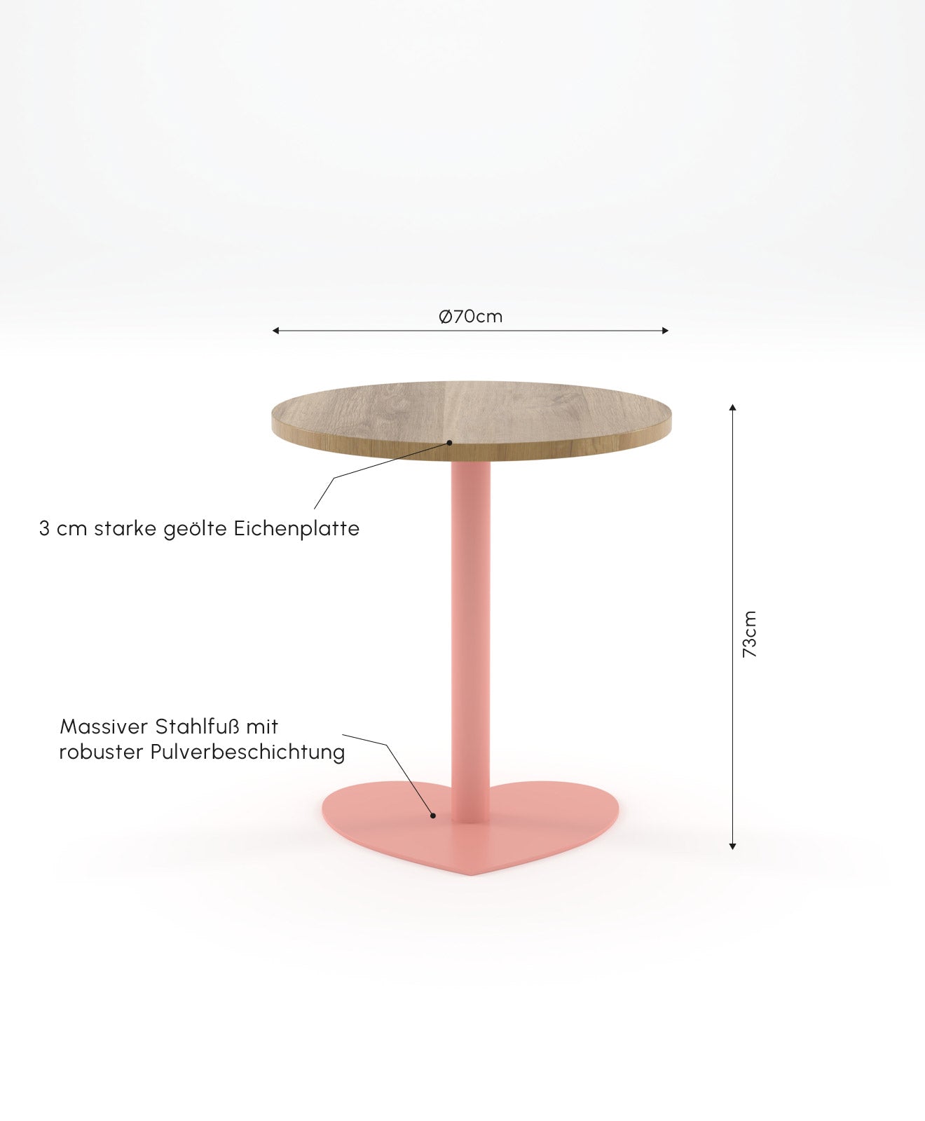 Infobild mit Maßen und Details zu unserem Bistrotisch Herz