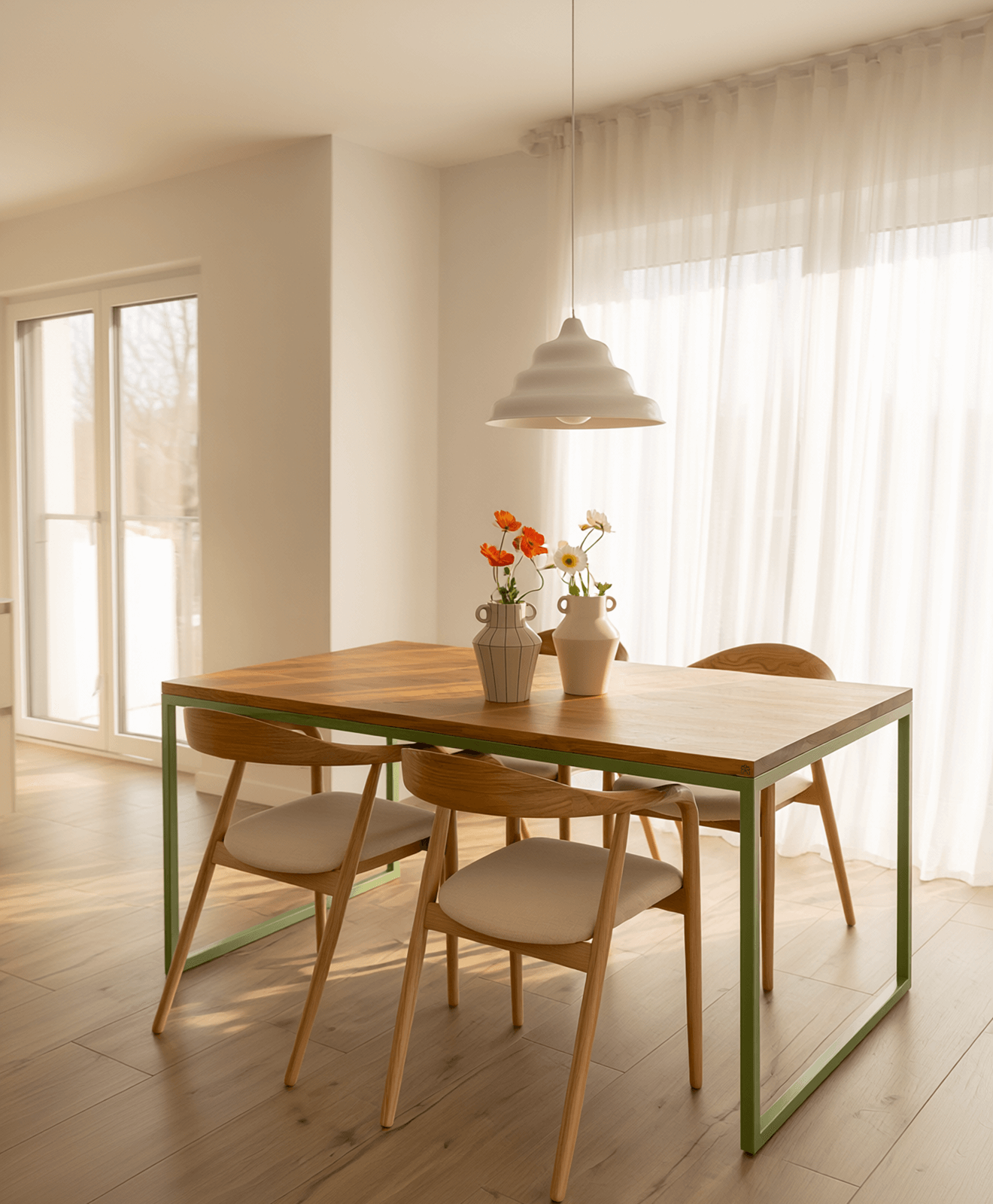 Esstisch Massivholz & Stahlgestell TALON ohne Mittelstrebe - Moodbild im Esszimmer