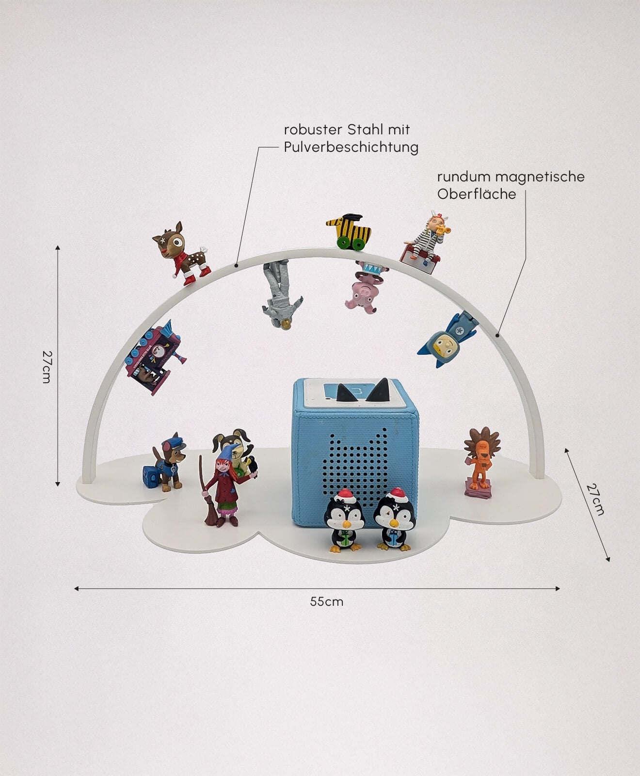 Tonieregal für die Toniebox und Figuren aus Metall in weiß Details und Maße