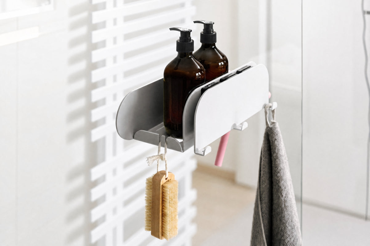 Duschablage ORBI Dock: Ablage innen, Gegenstück mit Haken außen am Duschglas