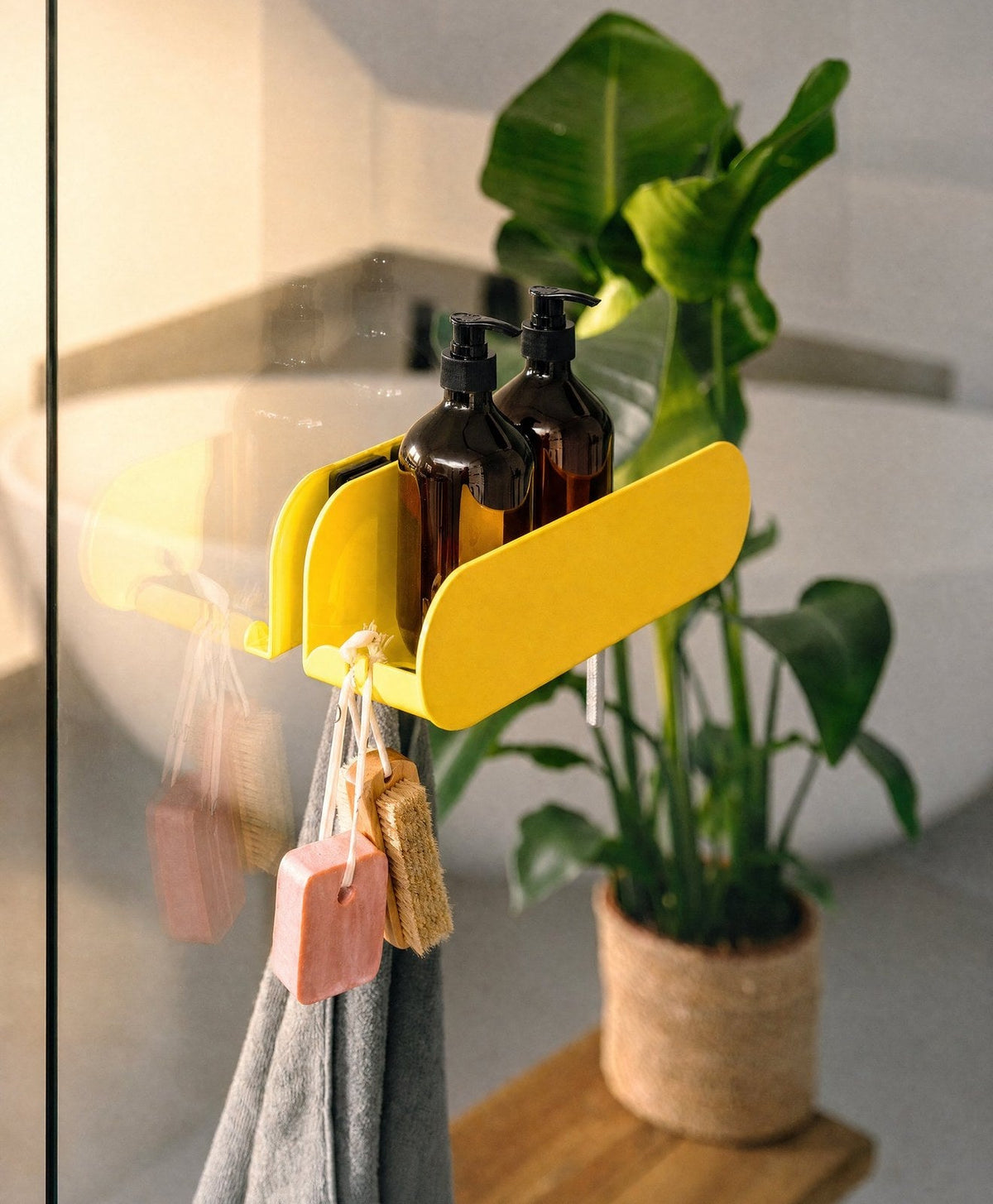 Duschablage ohne Bohren mit Magnet ORBI Dock am Duschglas in Schwefelgelb RAL 1016