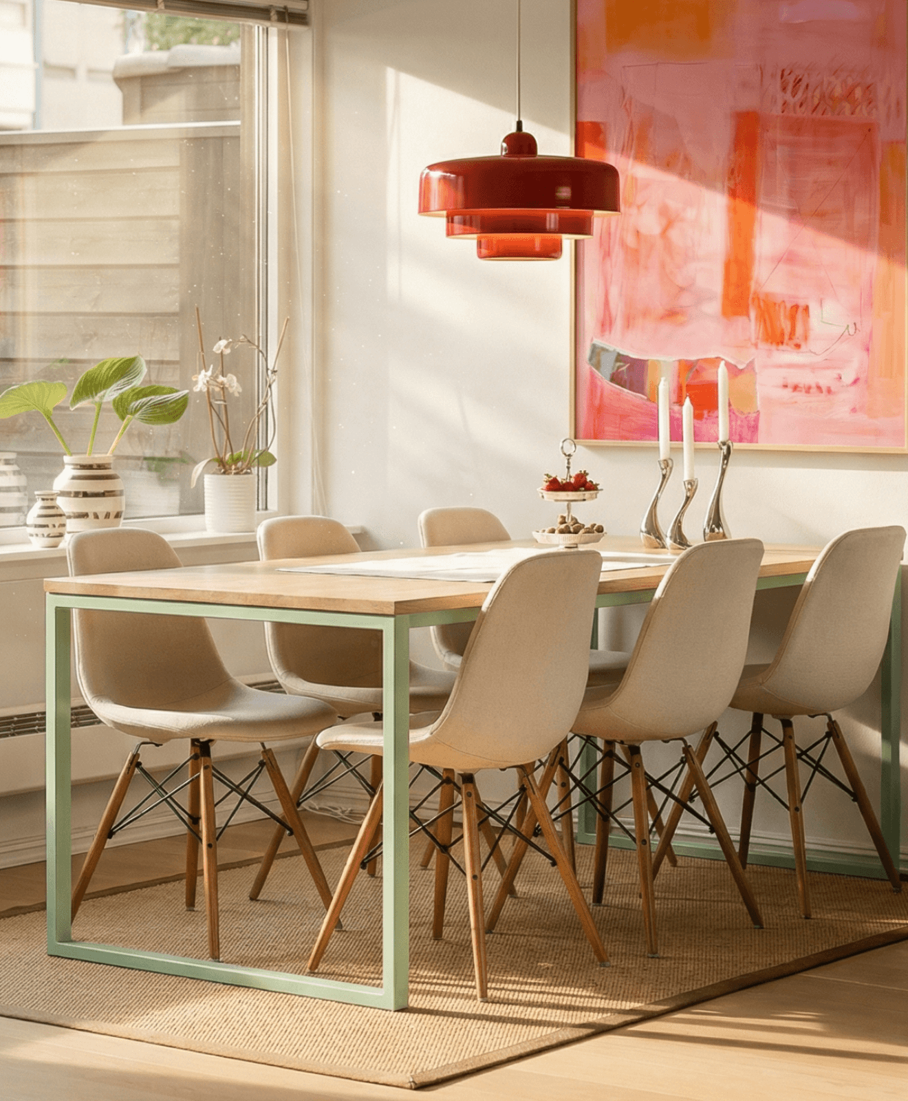 Kawentsmann Esstisch aus Massivholz mit Stahlgestell in Blassgrün