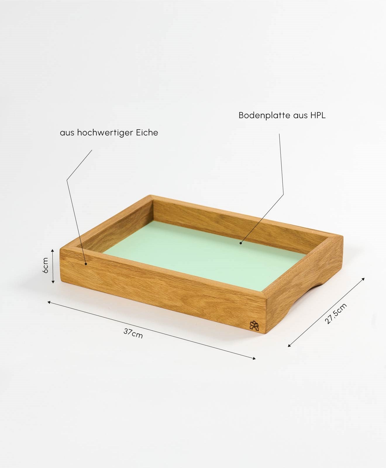 Holztablett aus Eiche & HPL ALMA von KAWENTSMANN - Infobild mit Maßen