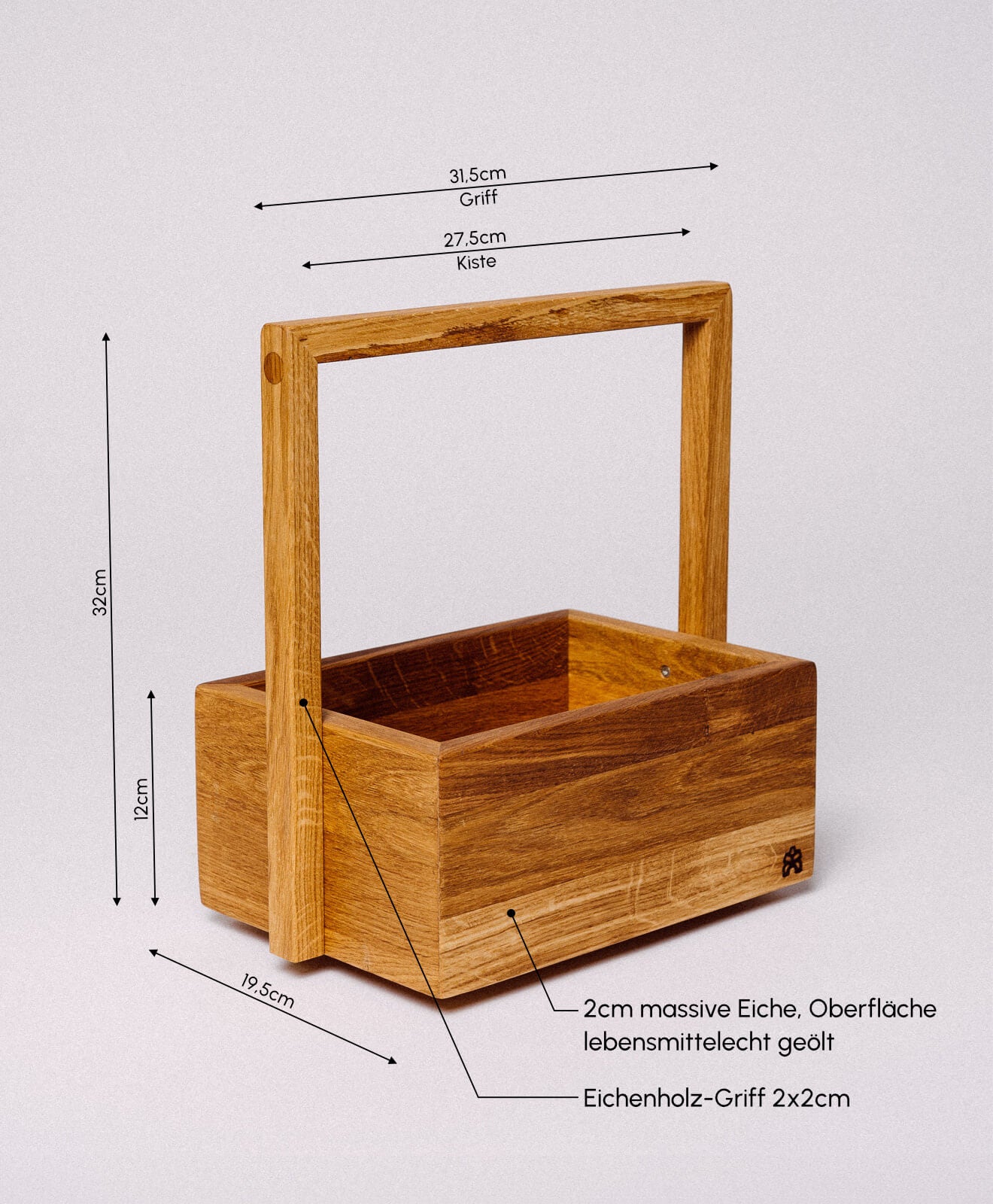 Holzkiste aus Eiche mit Griff "Kleiner Fritz" von Kawentsmann Maße & Details