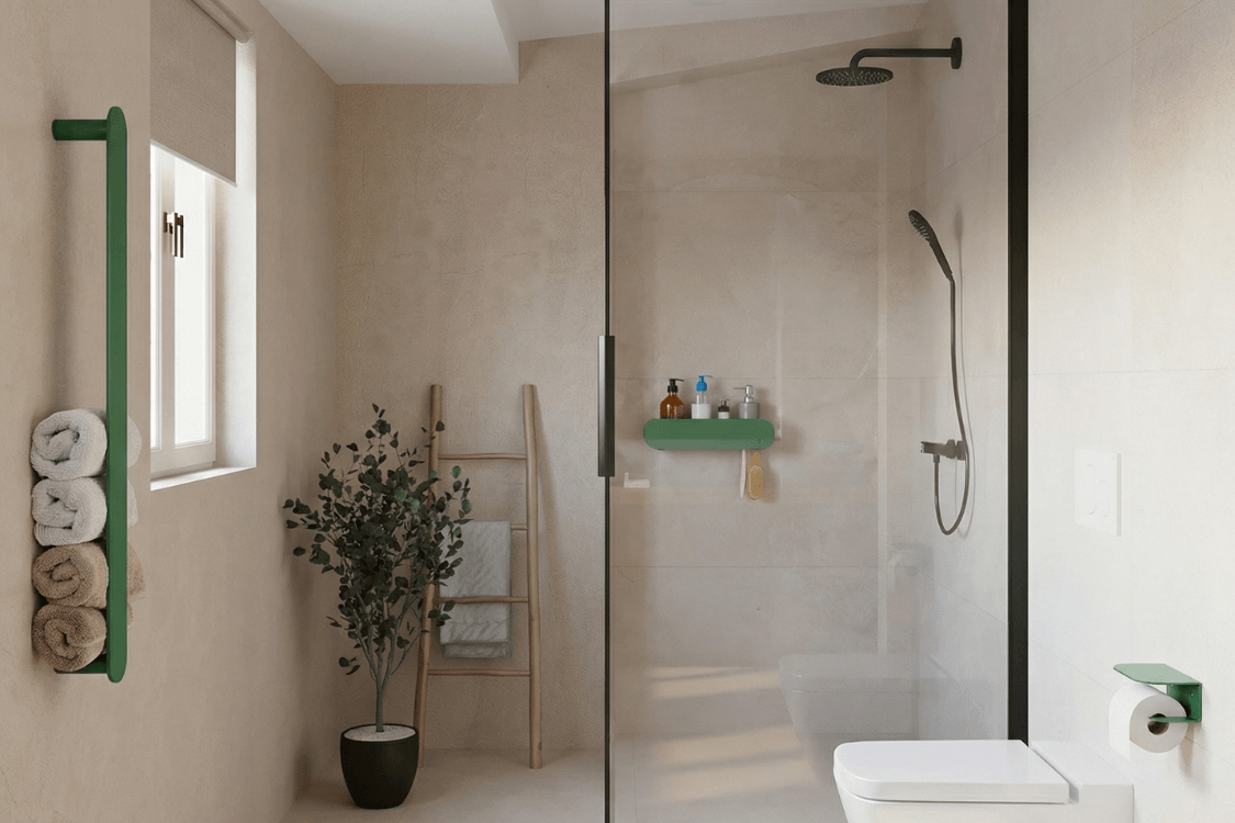Modernes Badezimmer mit Accessoires von KAWENTSMANN zur Darstellung des Shop the Looks